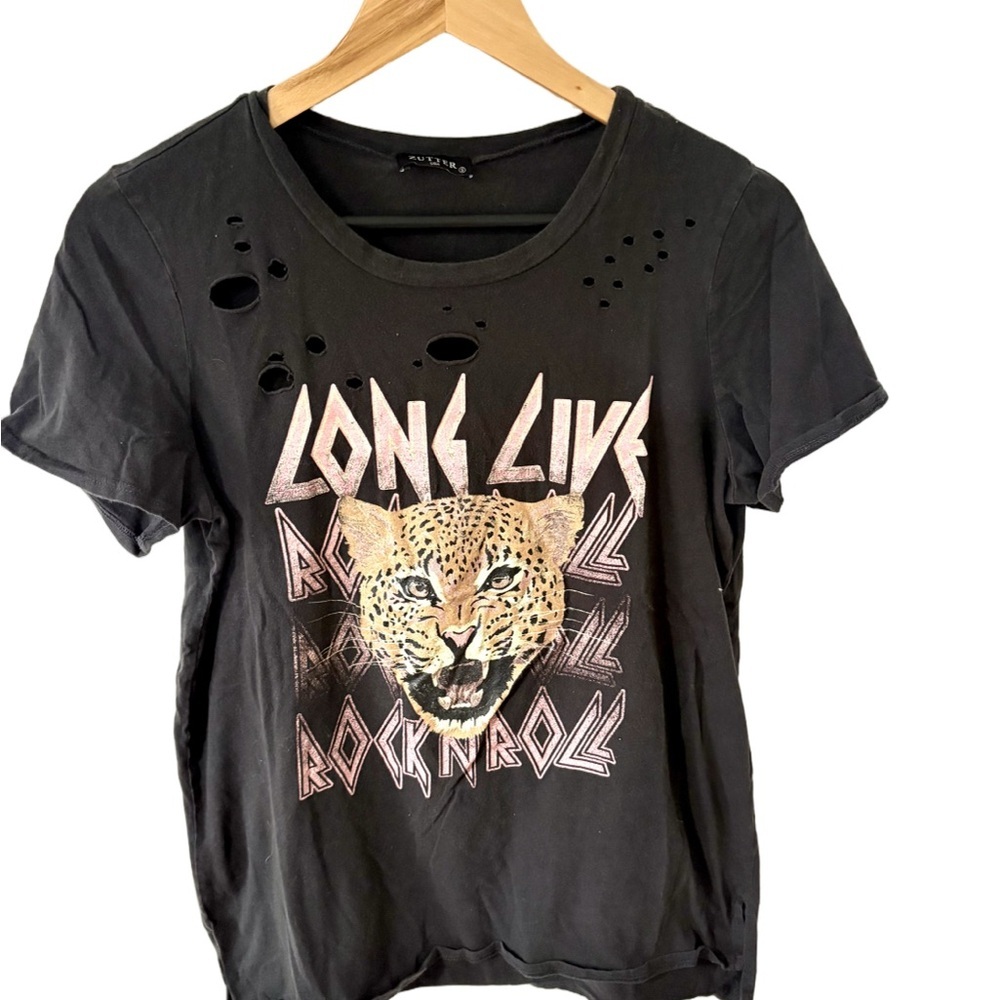 Zutter Black intentional ripped Graphic Tee with Leopard “Long Live Rock n Roll”